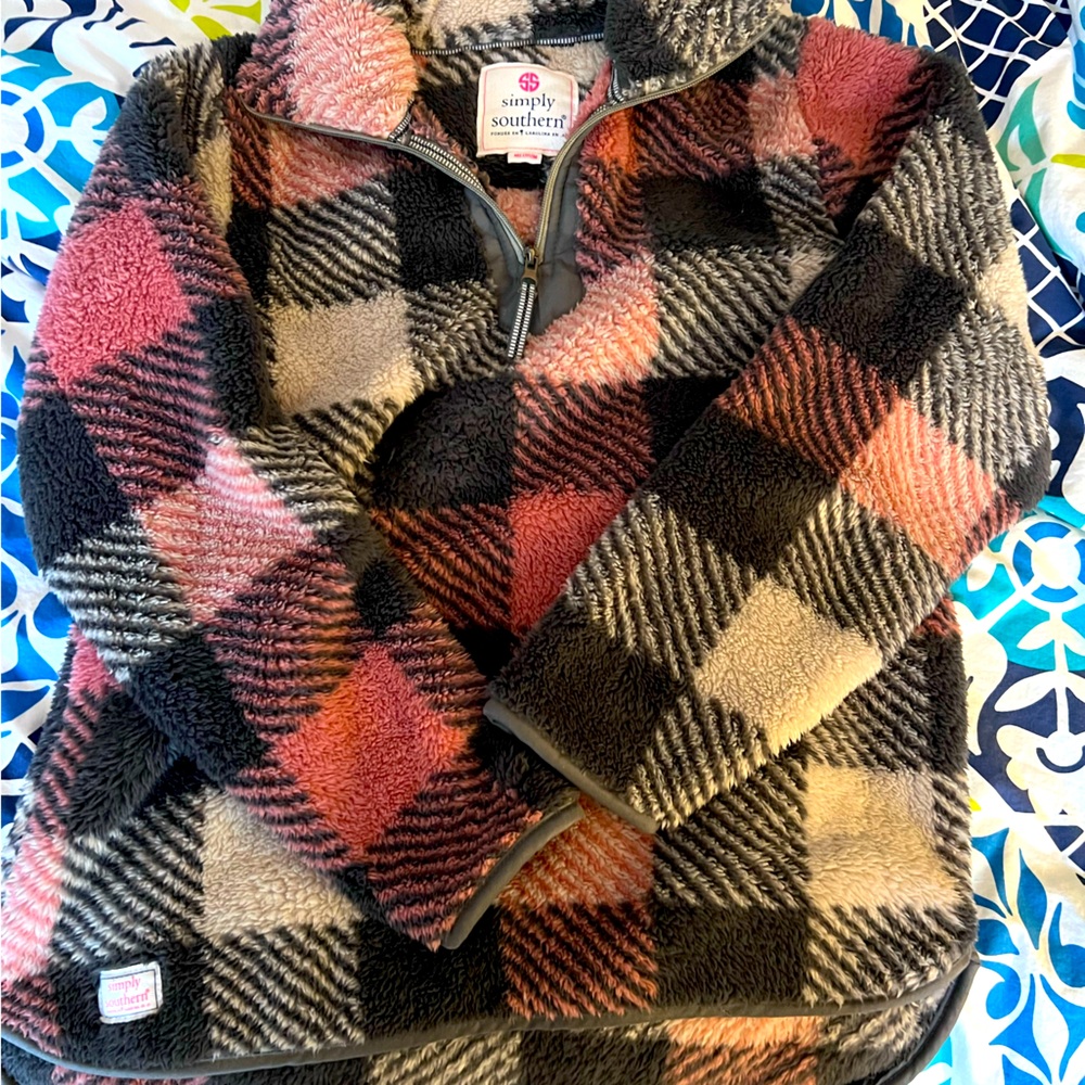 Simply Southern Pink Buffalo Plaid 1/4 Zip Fleece Pullover- Medium